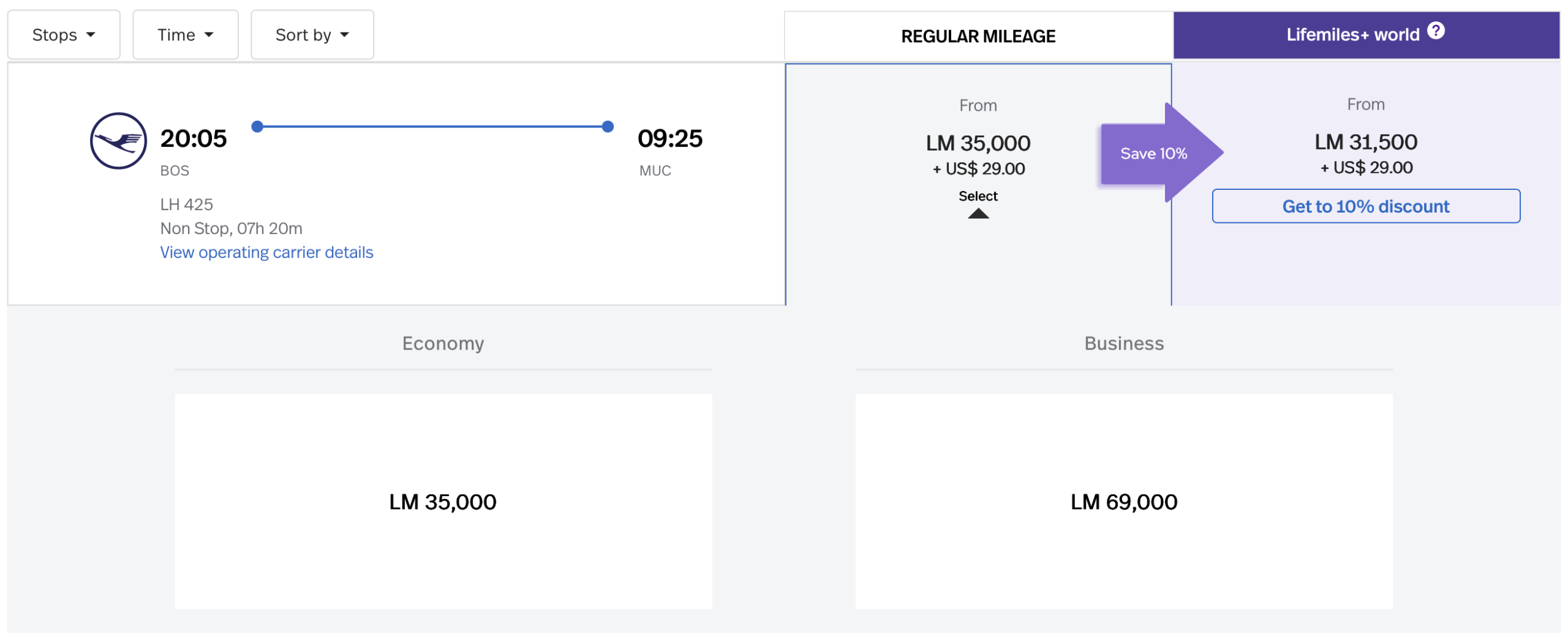 Screenshot of Avianca LifeMiles award operated by Lufthansa.