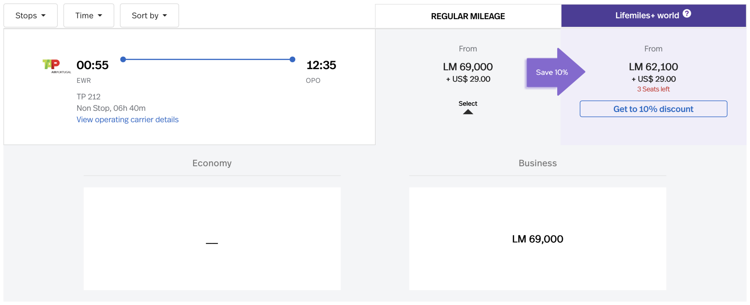 Screenshot of Avianca LifeMiles award operated by TAP.