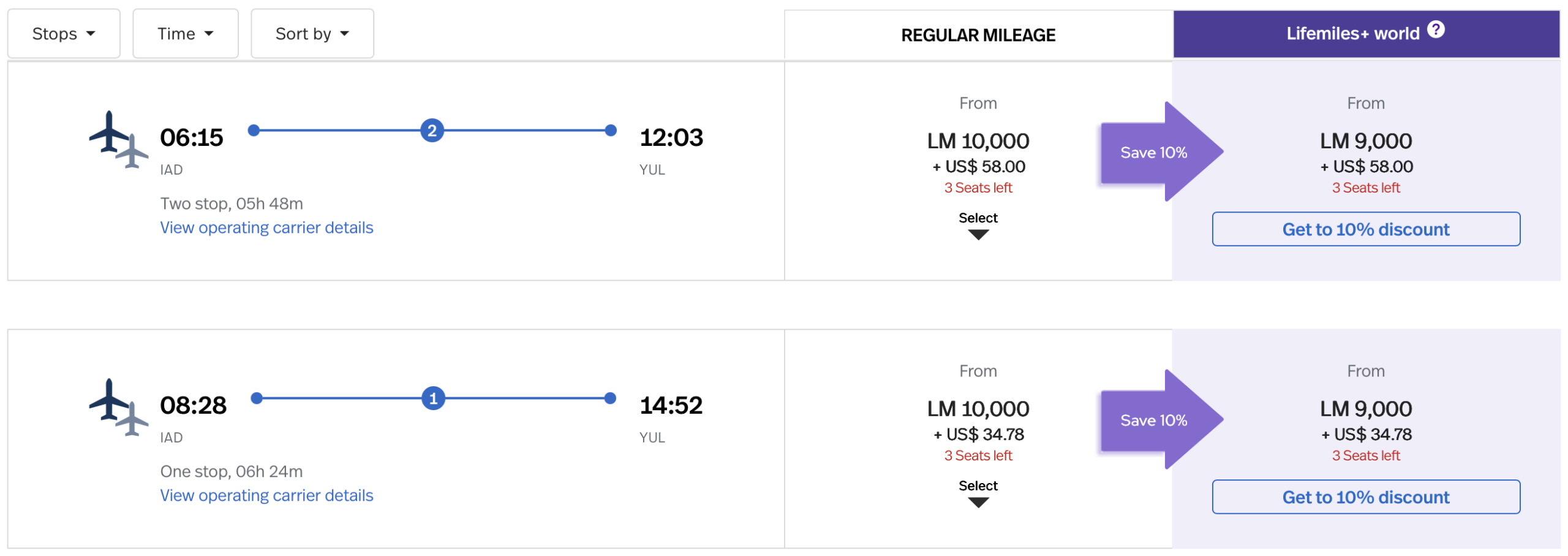 Screenshot of Avianca LifeMiles award operated by United.