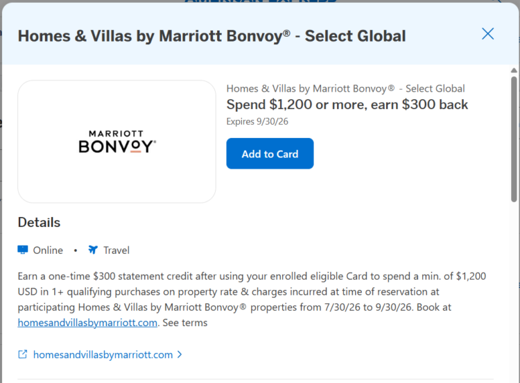 Amex Offer details for Marriott Homes & Villas