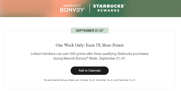 Marriott Bonvoy Week offer for 500 points after three qualifying Starbucks transactions from September 21–27, 2026.