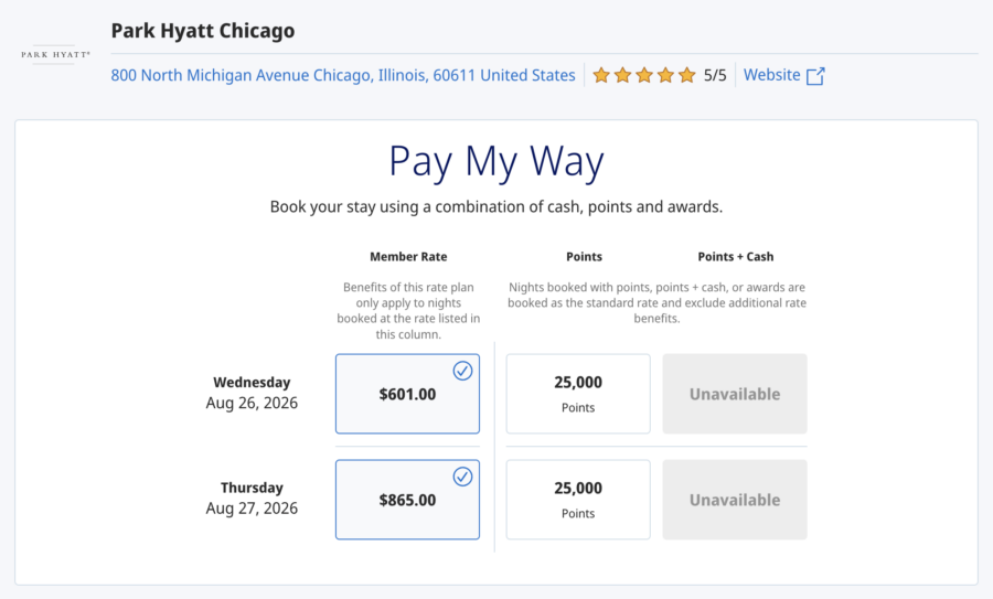 Park Hyatt Chicago Pay My Way options