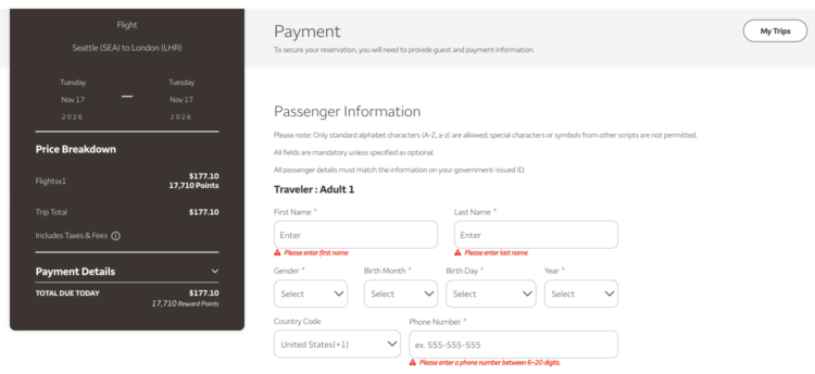 Wells Fargo Rewards travel portal payment page asking for passenger information for the selected flight.