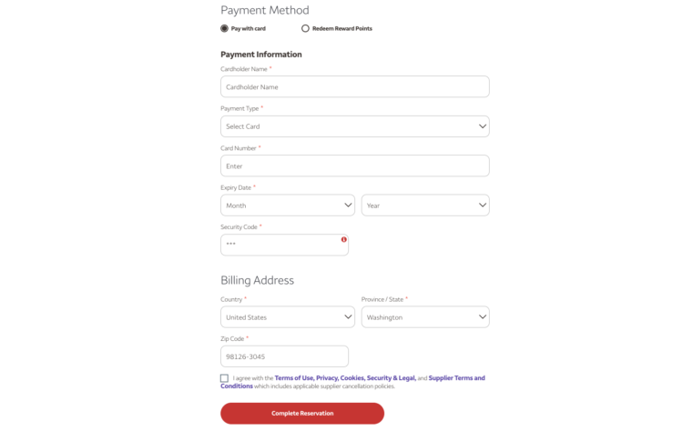 Wells Fargo Travel Payment Method page asking for credit card information to complete a reservation.