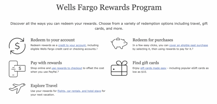 Wells Fargo Rewards Program landing page showing the various ways to redeem your points.