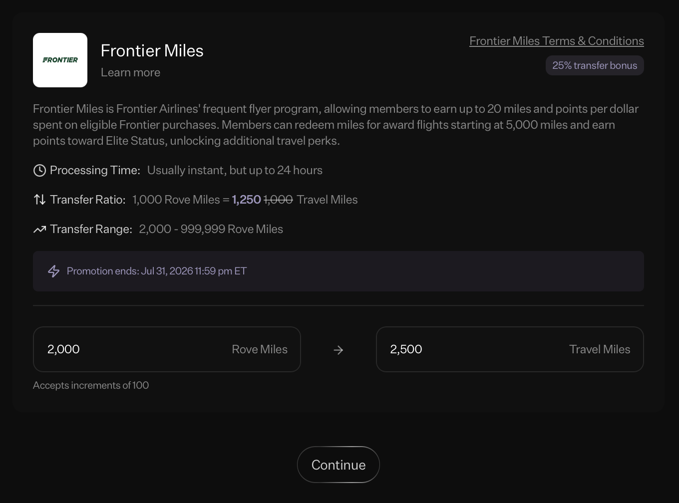 Screenshot of Rove / Frontier Airlines miles transfer.