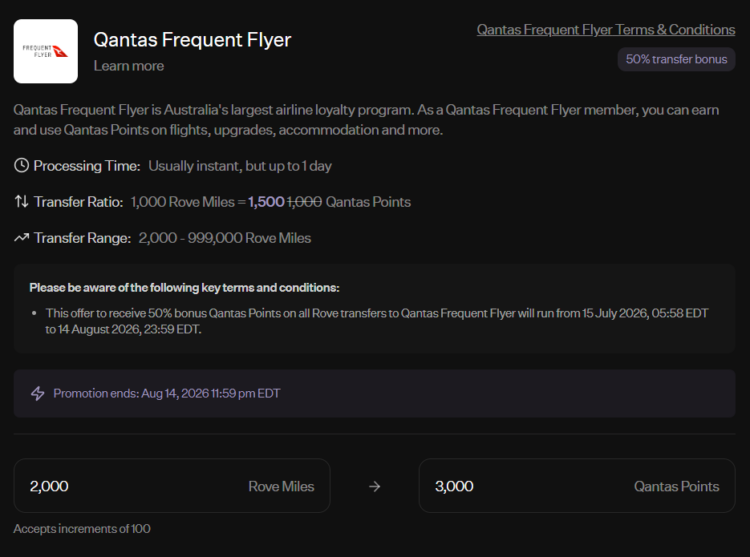 Details of Rove transfer bonus to Qantas Frequent Flyer