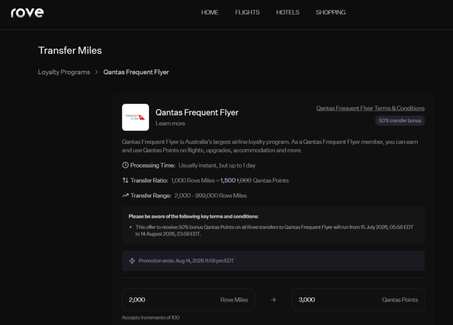 Details of Rove transfer partnership with Qantas Frequent Flyer