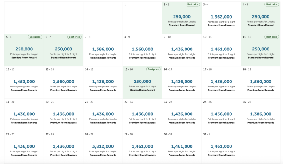 Hilton calendar view of award rates in July for the Waldorf Astoria Maldives Ithaafushi