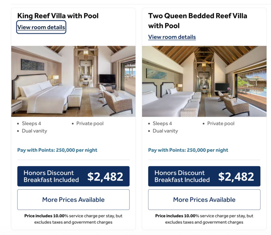 Booking page for the Waldorf Astoria Maldives Ithaafushi with standard rooms listed.