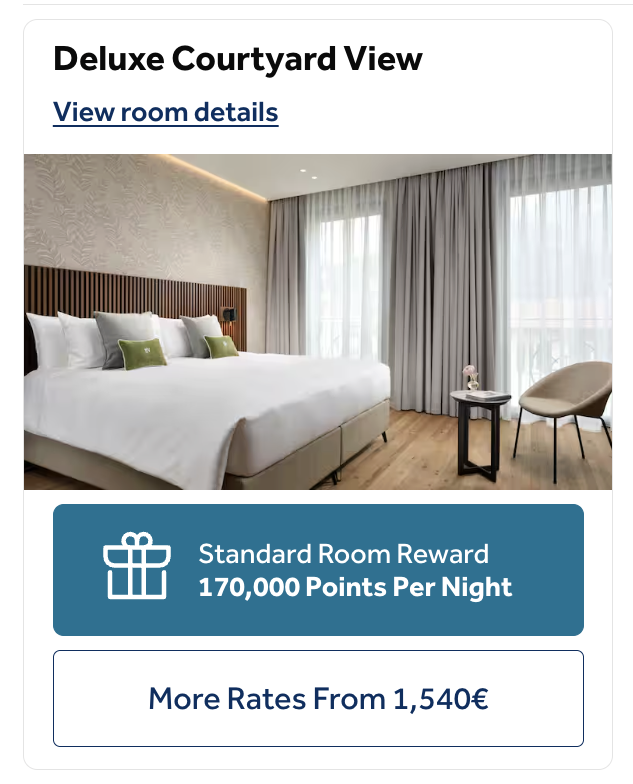 Hilton booking page for a room in Lake Como Italy for 170,000 Hilton Honors points per night.