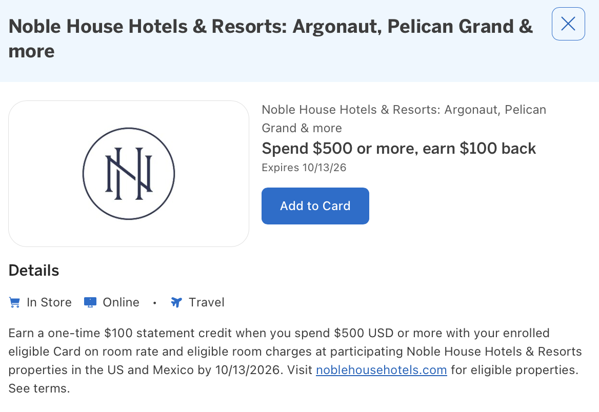 Amex Offer for Noble House Hotels & Resorts