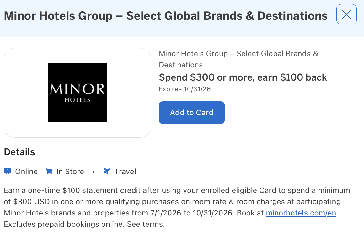 Amex Offer for Minor Hotels Group