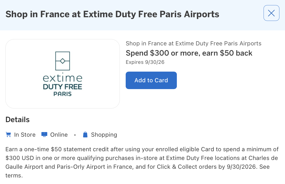 Amex Offer for Extime Duty Free Paris