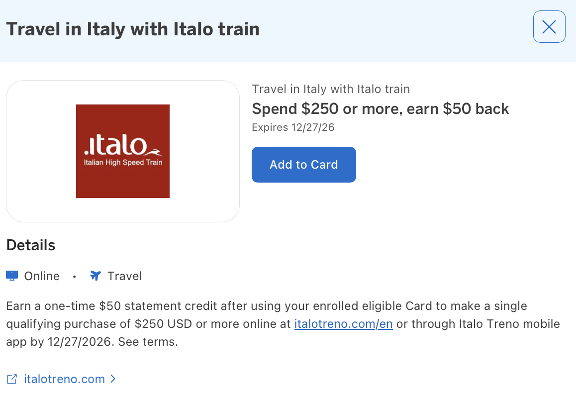 Amex Offer for Italo