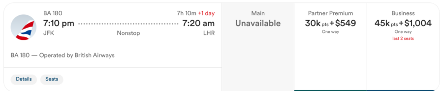 Alaska award example from New York JFK to London Heathrow showing over $1,000 in taxes and fees in business class