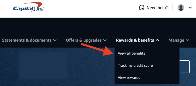 dark blue background with capital one logo at the top and a red arrow pointing to view all benefits