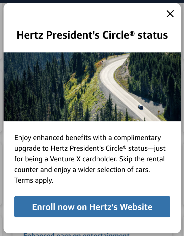 White box showing Hertz President's Circle for Venture X cardholders with a blue button to enroll 