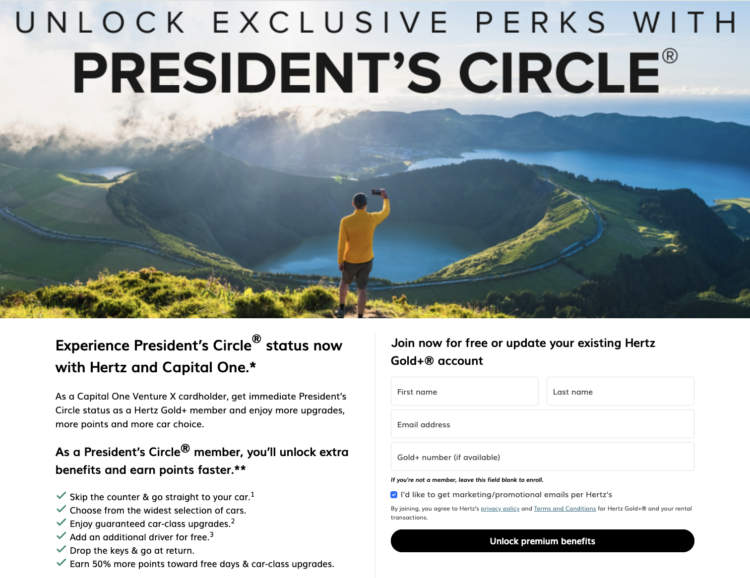 An explanation of Hertz President's Circle for Venture X Cardholders with a picture of a man in a yellow shirt standing in front of mountains and a lake