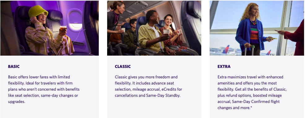 Difference between Delta's basic, classic, and extra experiences. 