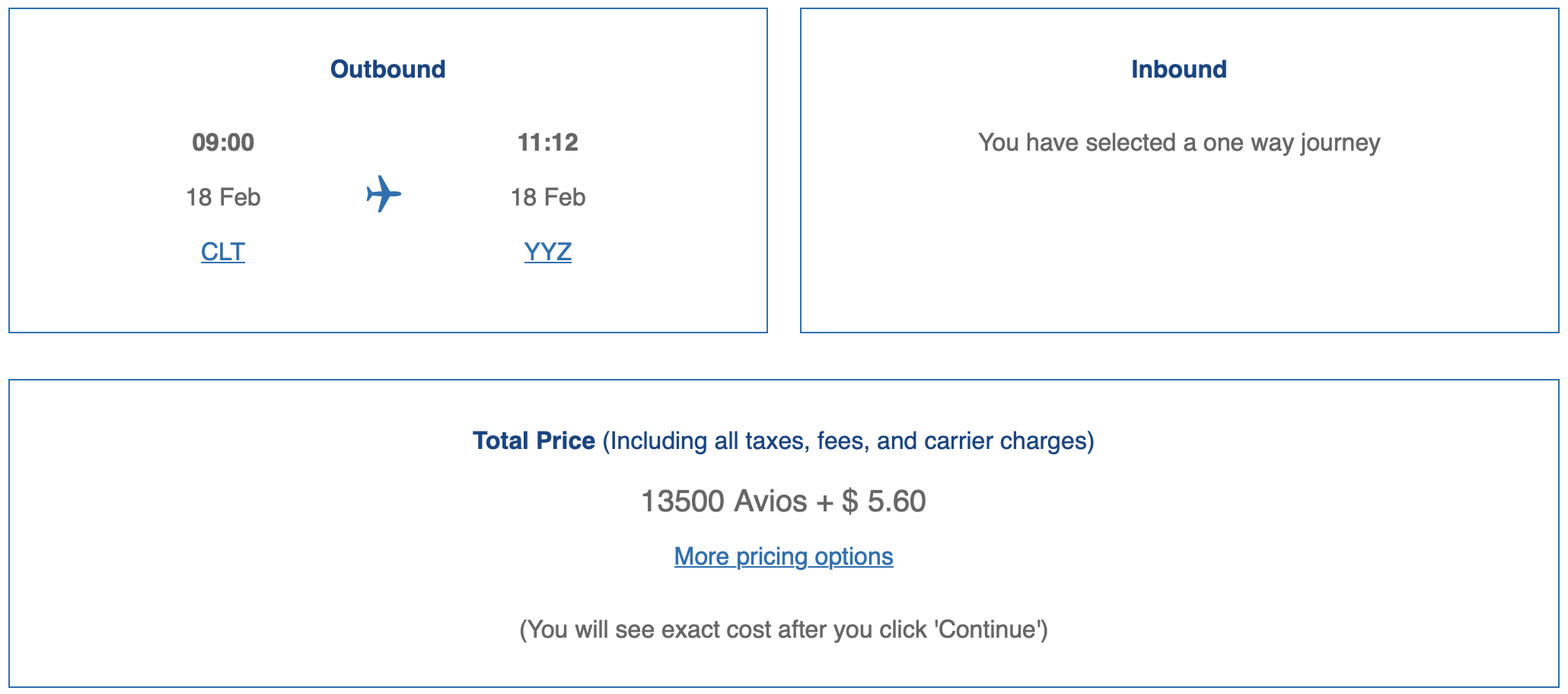 British Airways award search result for a flight from CLT to YYZ on American Airlines