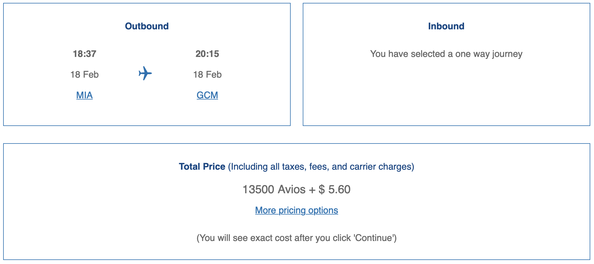 British Airways award search result for a flight from MIA to GCM on American Airlines