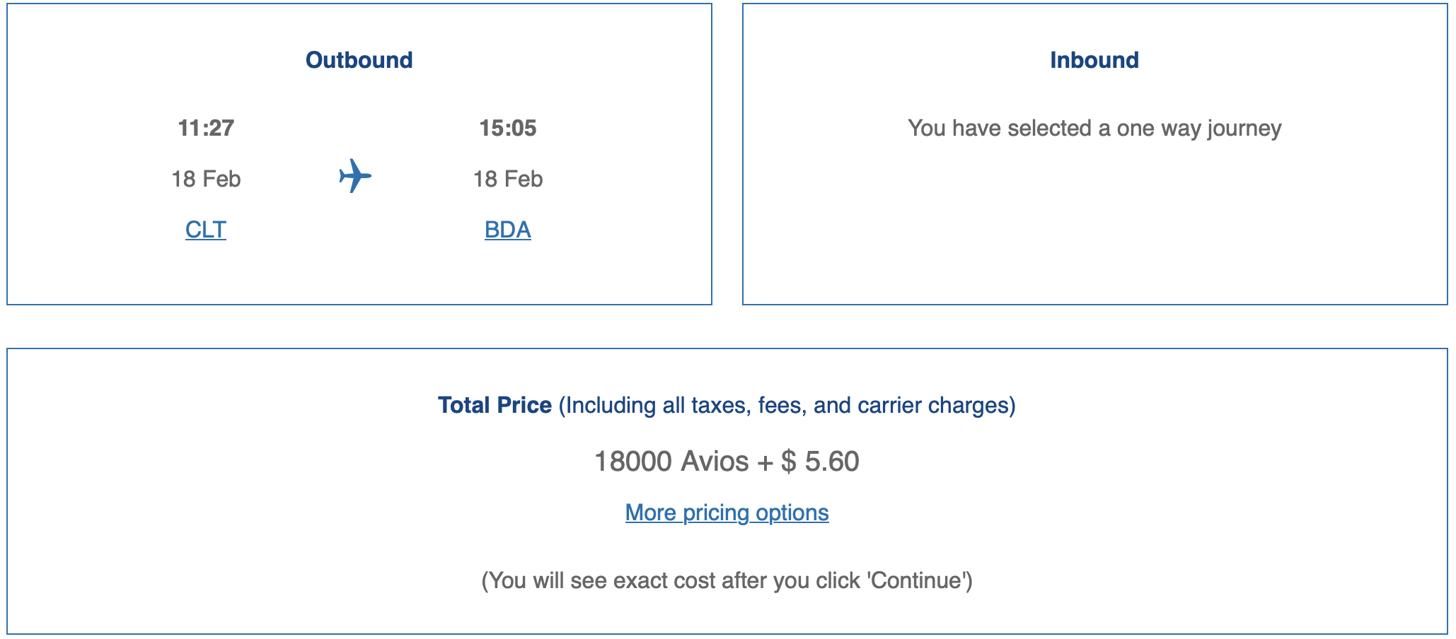 British Airways award search result for a flight from CLT to BDA on American Airlines