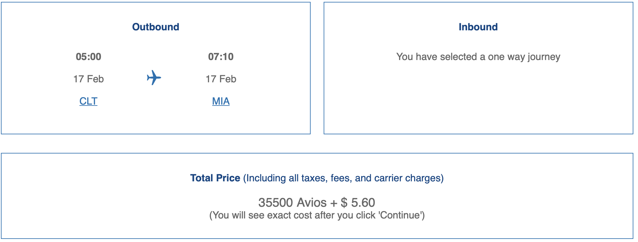 British Airways award search result for a flight from CLT to MIA on American Airlines