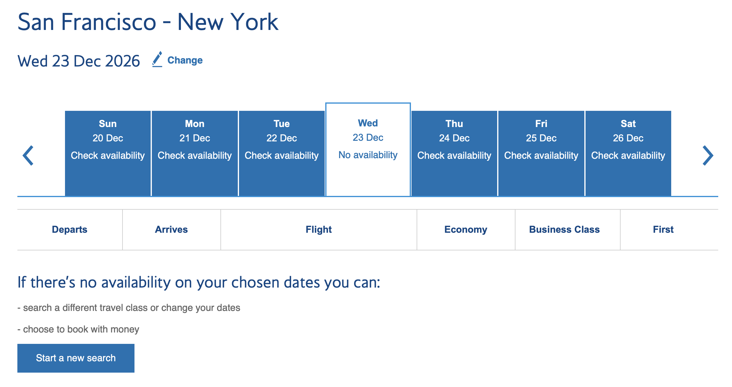 British Airways award search result with no availability for a flight from SFO to JFK