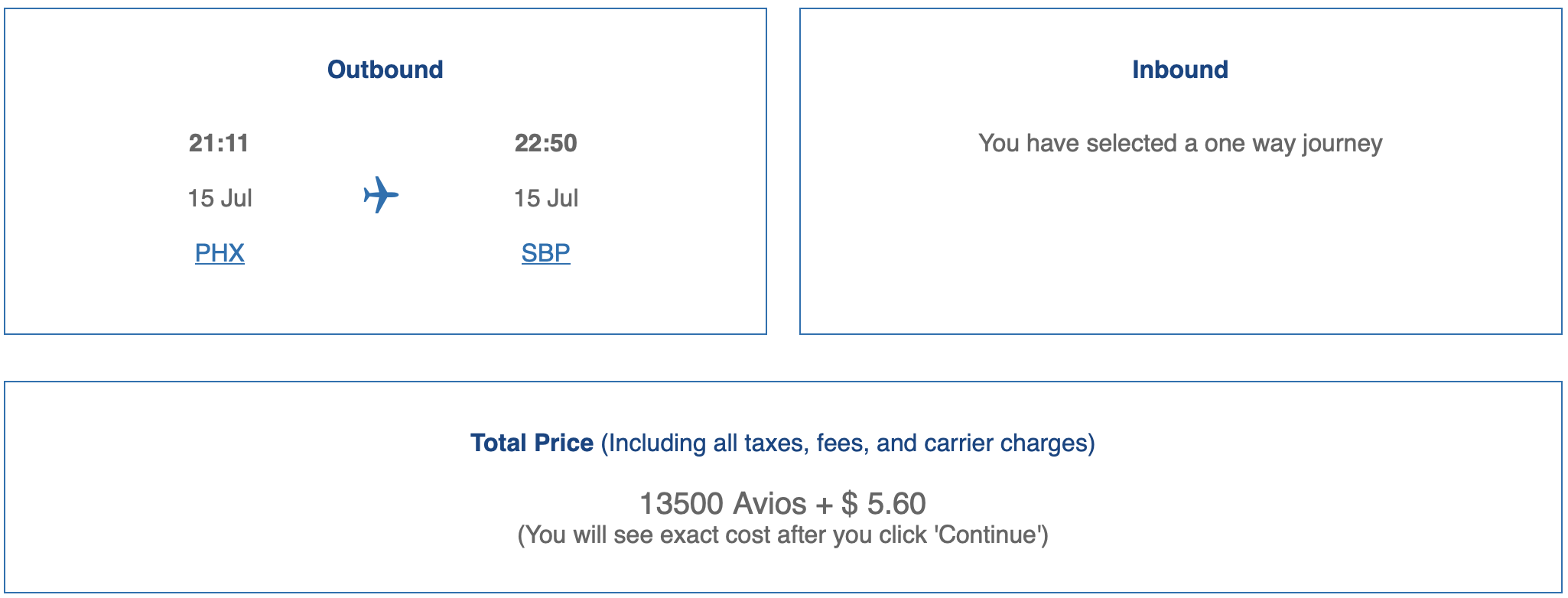 British Airways award search result for a flight from PHX to SBP on American Airlines