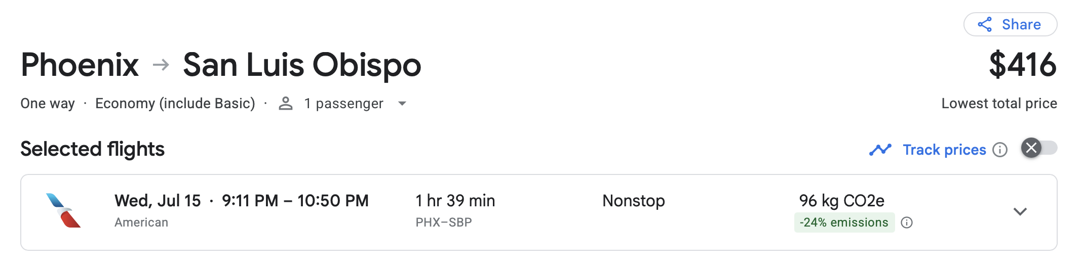Google Flights search result for a flight from PHX to SBP on American Airlines