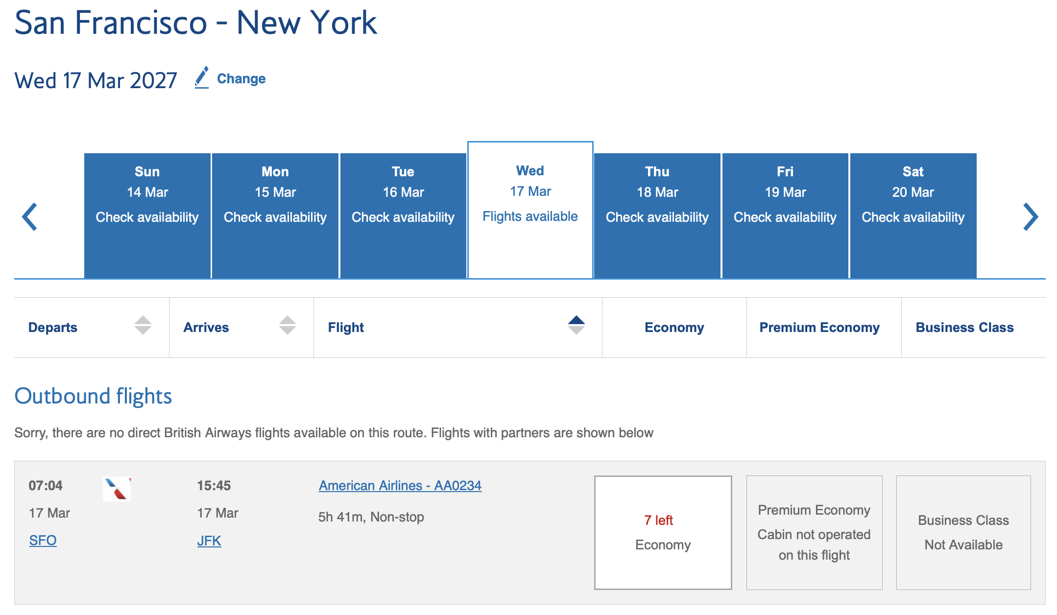 British Airways award search result for a flight from SFO to JFK on American Airlines