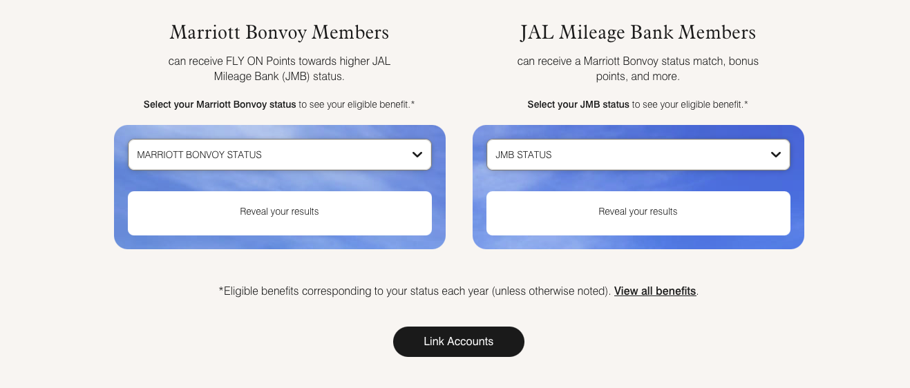 Widget showing Marriott Bonvoy and JAL Mileage Bank elite status and corresponding benefits