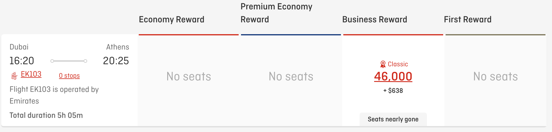 Award redemption result for Emirates-operated flight using Qantas Points