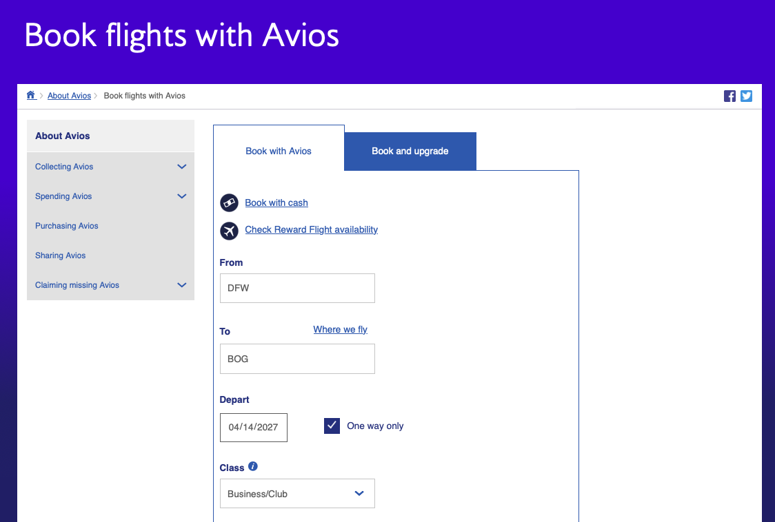 British Airways search tool for booking a flight with Avios
