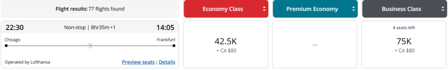 Chicago to Frankfurt award flight search results with Air Canada Aeroplan
