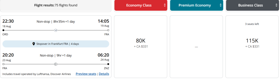 Aeroplan stopover award for ORD to FRA via ZRH.