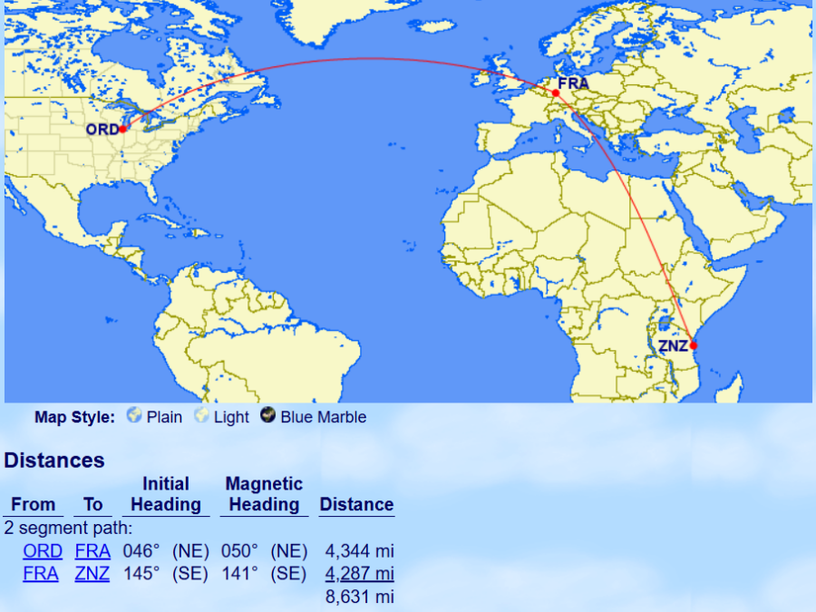 Great Circle Mapper routing of ORD-FRA-ZNZ
