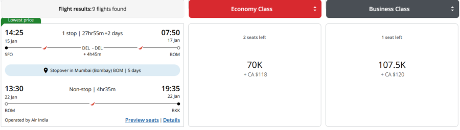 Aeroplan stopover award from San Francisco to Bangkok via Mumbai