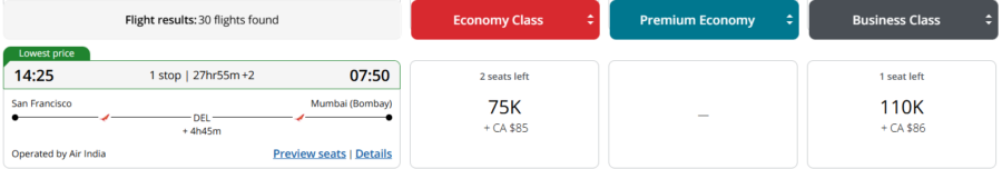 Aeroplan award from San Francisco to Mumbai
