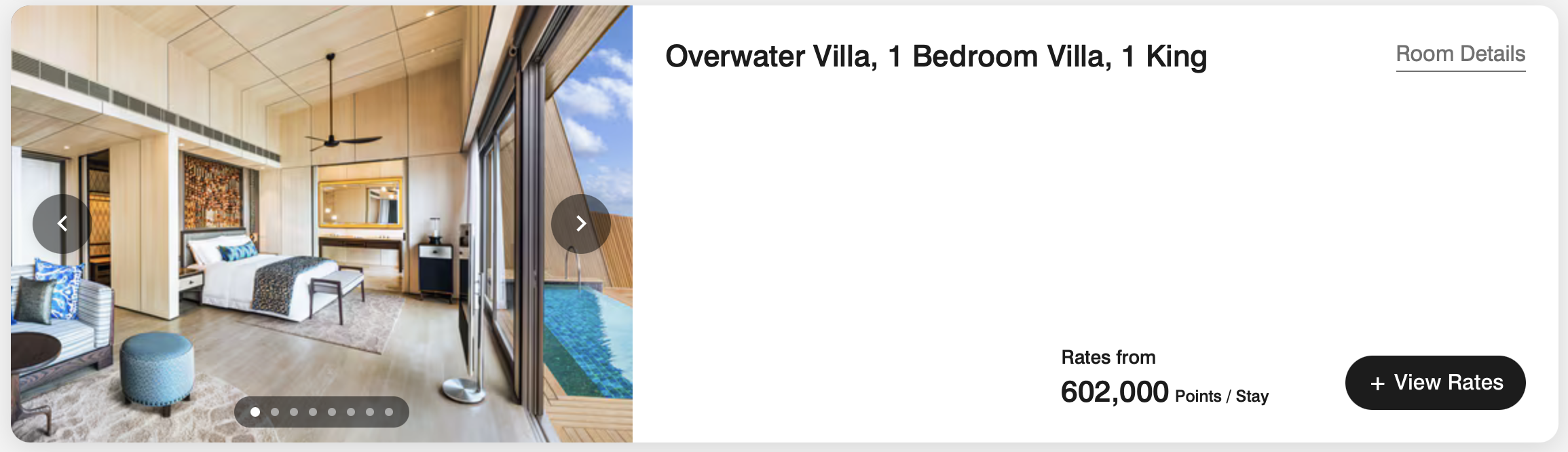 Overwater Villa listing for 602,000 points per stay