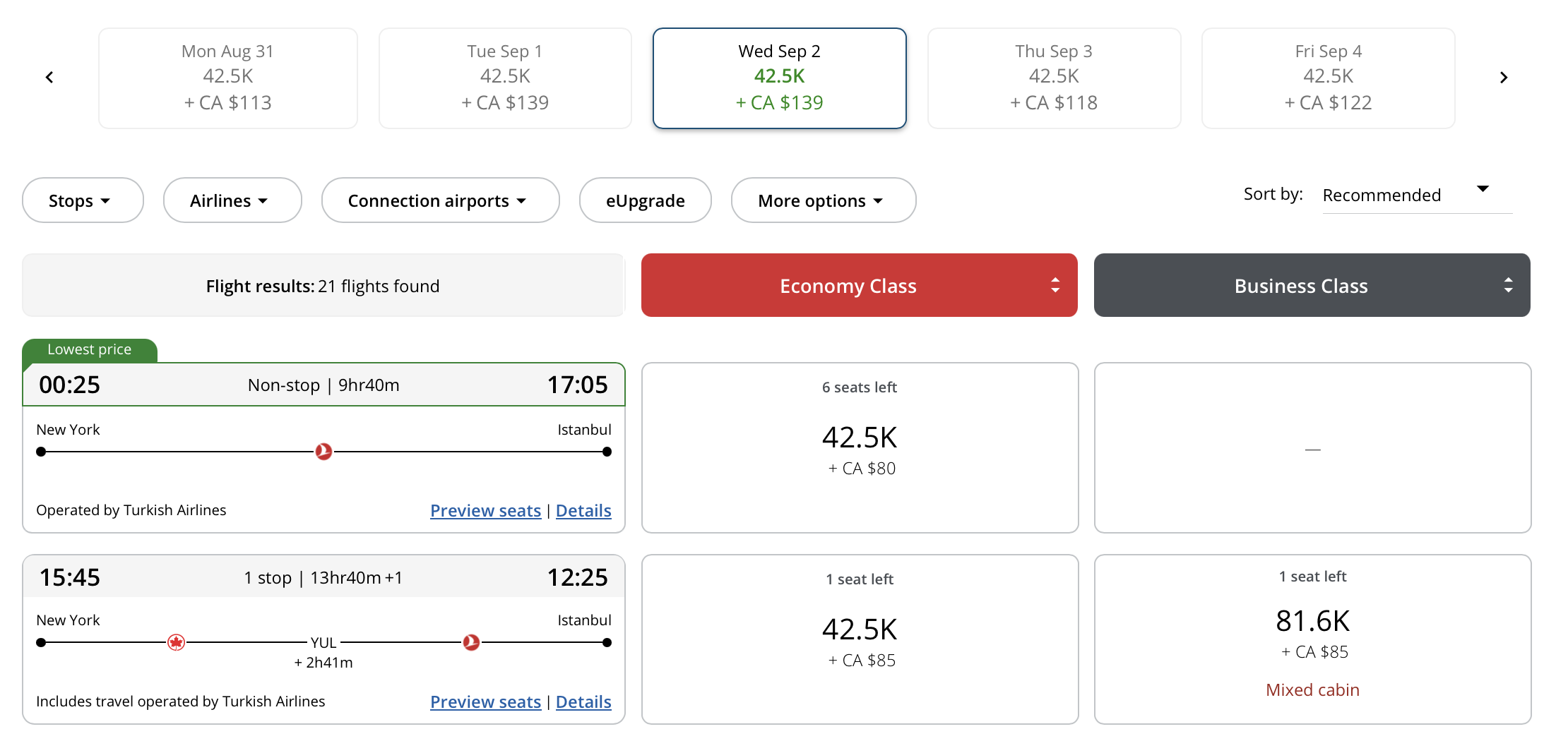 Air Canada search results for New York to Istanbul