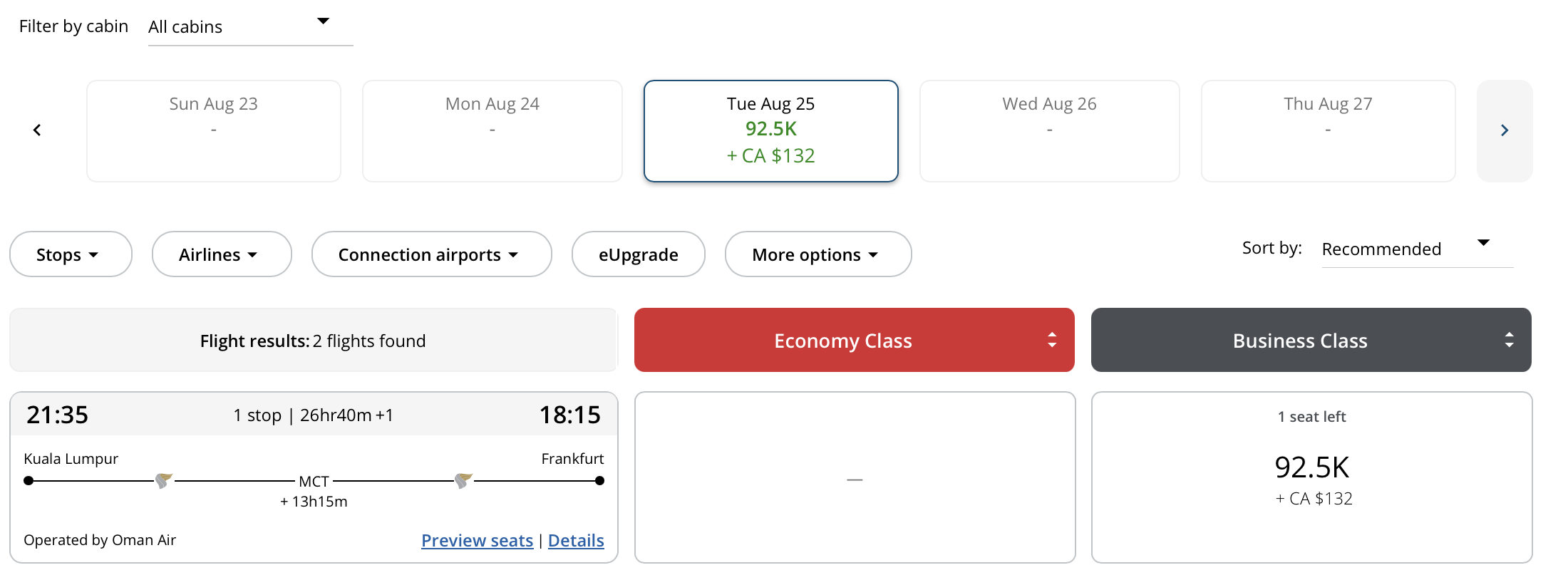 Air Canada award search results for flight from KUL to FRA operated by Oman Air