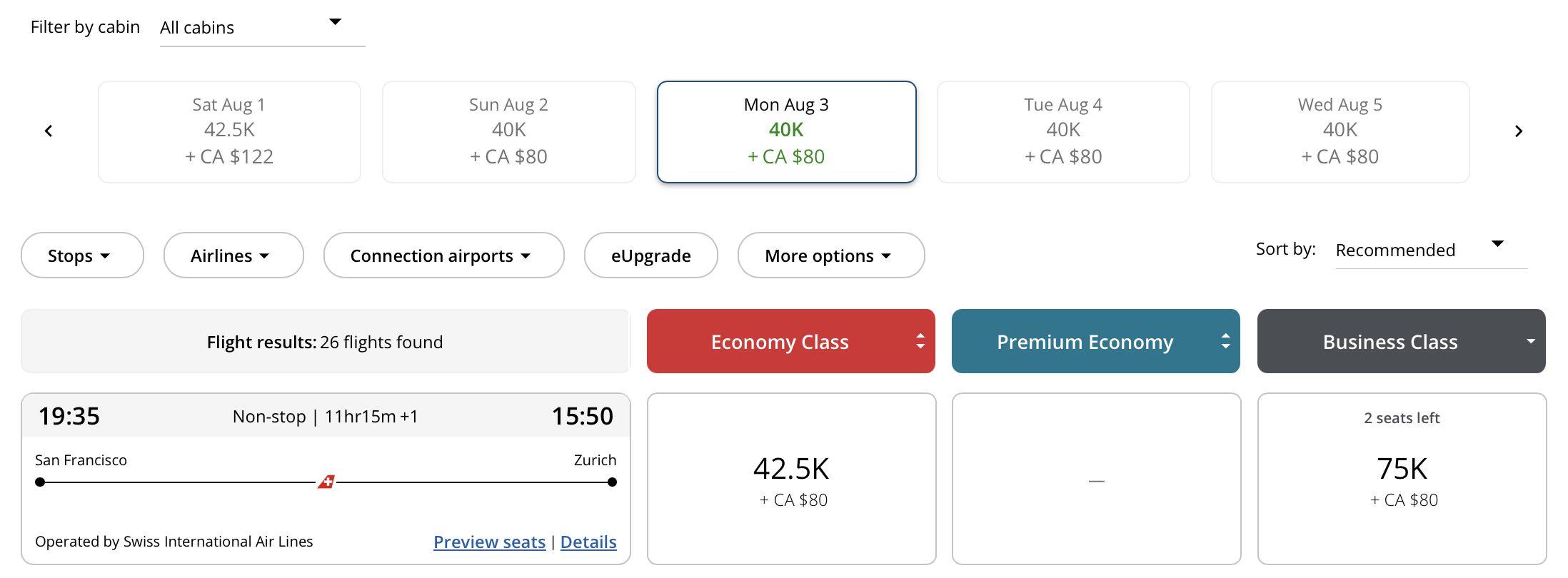 Air Canada award search results displaying a flight from SFO to ZRH operated by Swiss International Air Lines