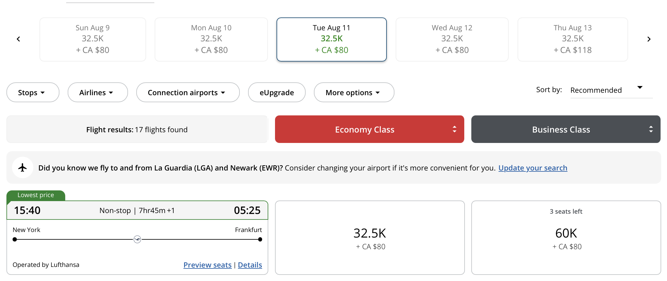 Air Canada award search result for flight from JFK to FRA operated by Lufthansa