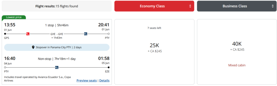 Award flight booking results for GPS to EZE with stopover in PTY through Air Canada Aeroplan