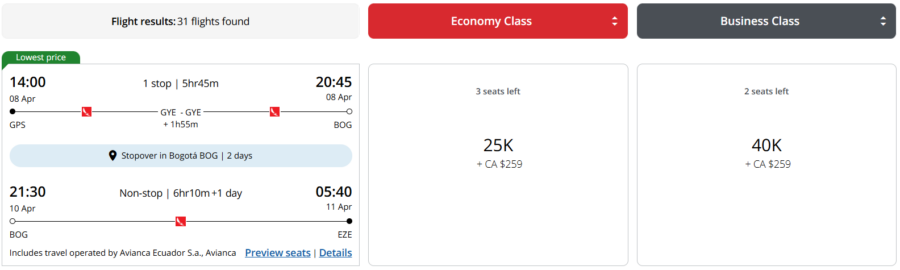 Aeroplan stopover award for GPS to EZE via BOG