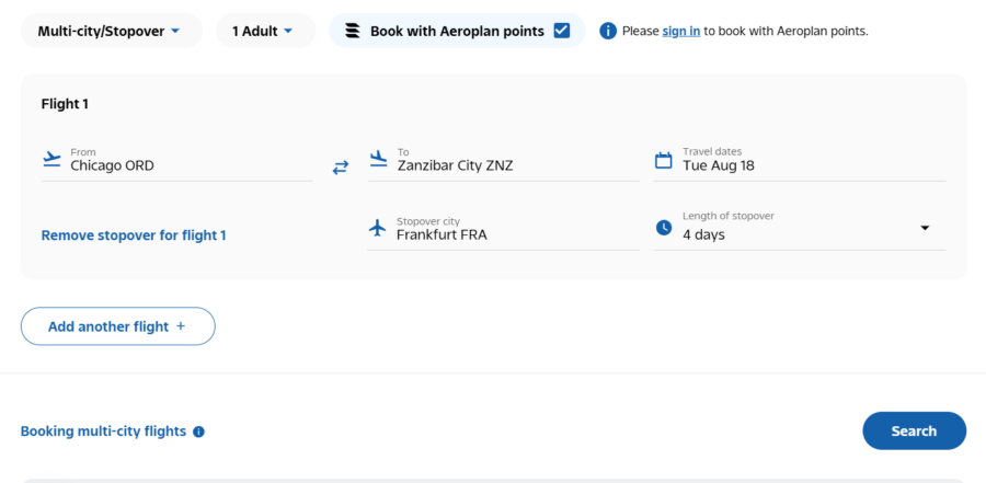 An Air Canada award flight from Chicago to Zanzibar with a four-day stopover in Frankfurt. 