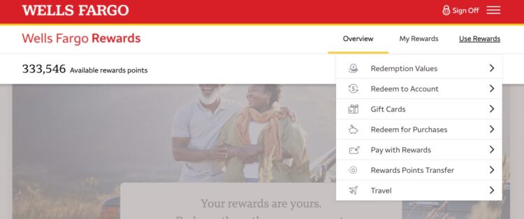 Wells Fargo Rewards website page with the Overview tab highlighted and a drop down menu showing various redemption options.