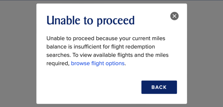 Pop-up on Singapore KrisFlyer account with zero-mile balance saying "unable to proceed"